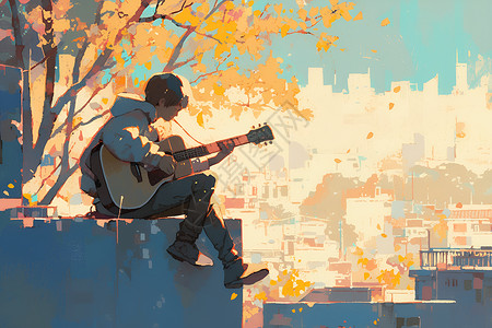 城市街头的吉他男孩背景图片