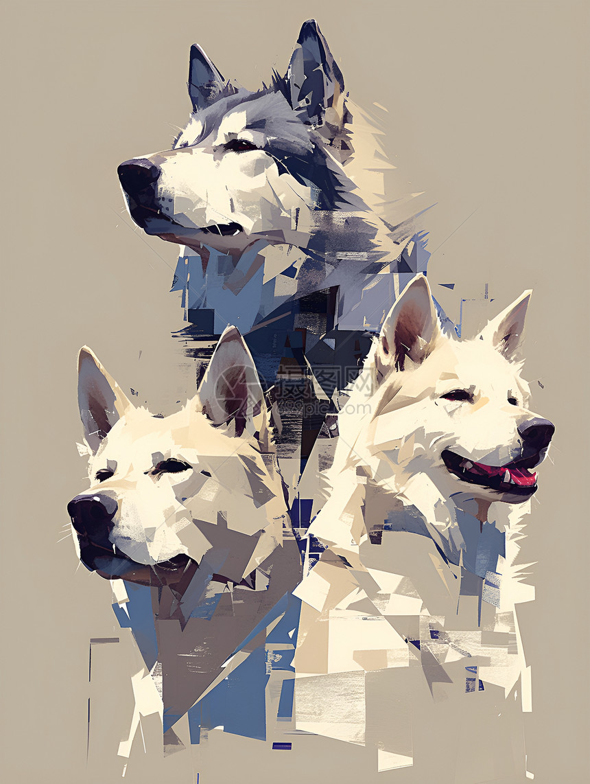 三只抽象狗插画图片
