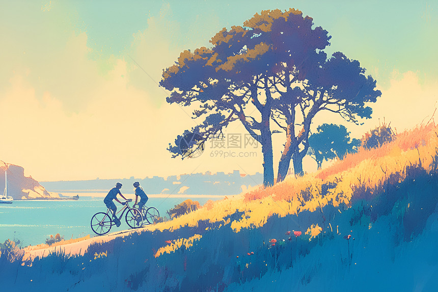 夕阳下两名自行车手图片