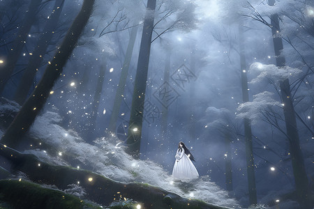 雪地背景荧光丛林里的女孩插画