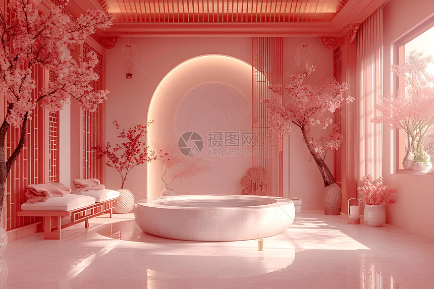 粉红色的中式楼阁图片