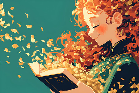 红发女子的秋日阅读背景图片