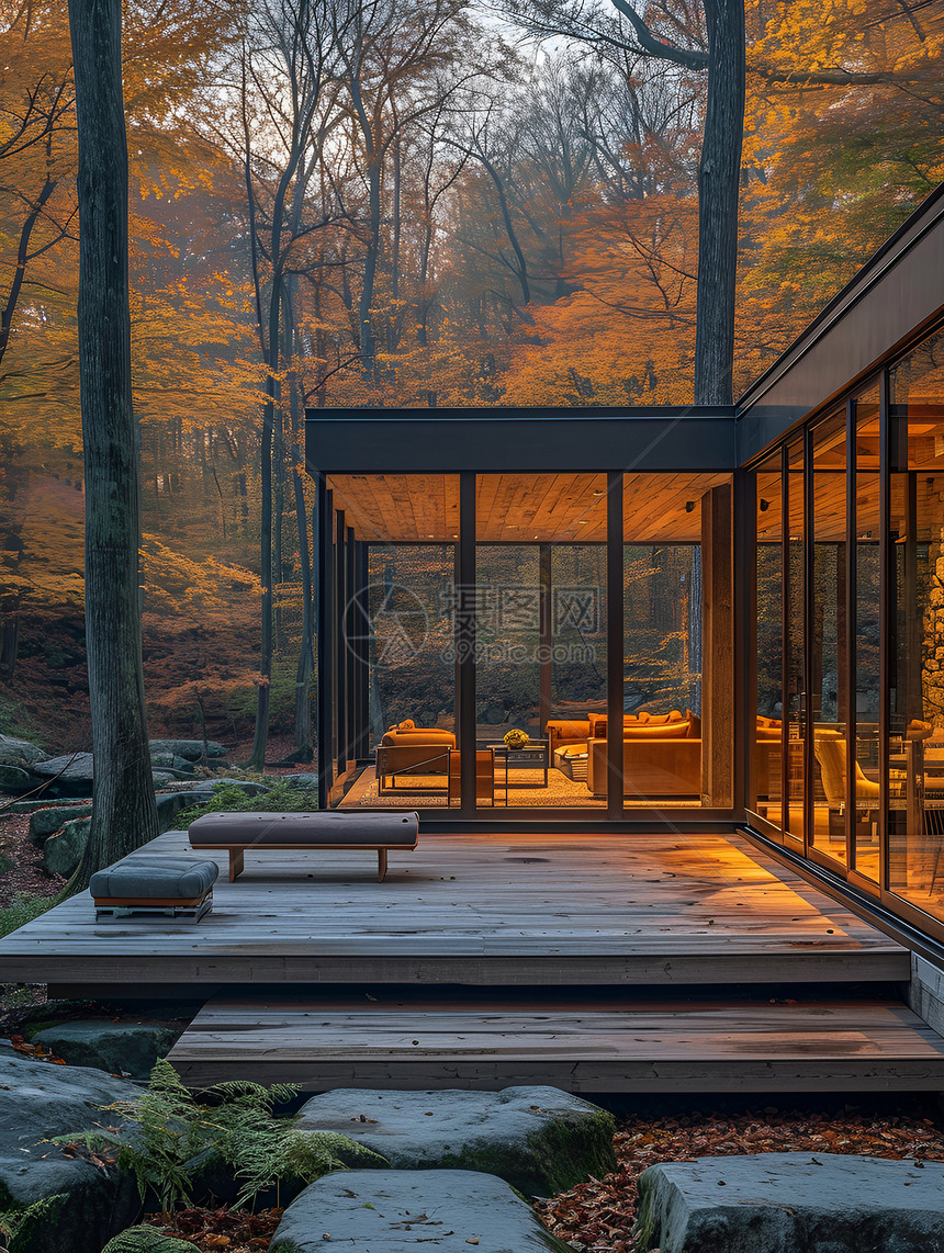 树林里的现代玻璃别墅图片