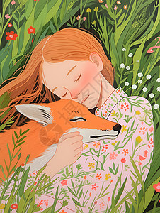 草地上抱着狐狸的女孩插画