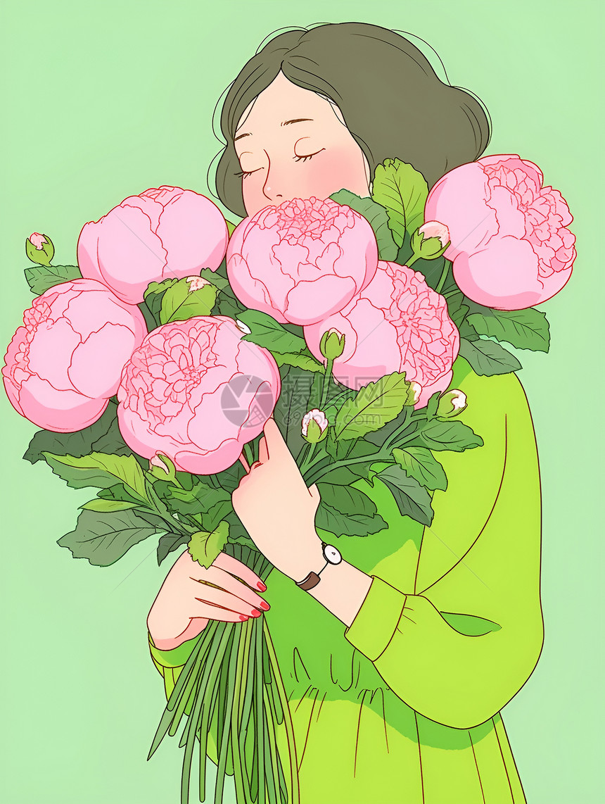 绿裙女子抱着一束花朵图片