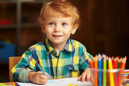 小男孩坐在桌前画画高清图片