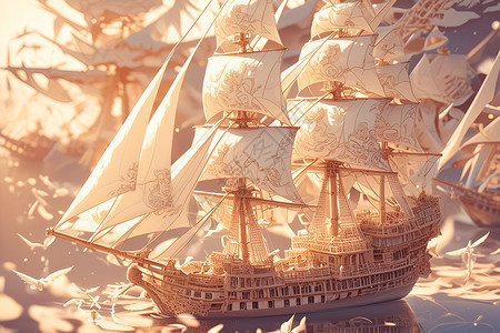 帆船模型木制船模的细节插画
