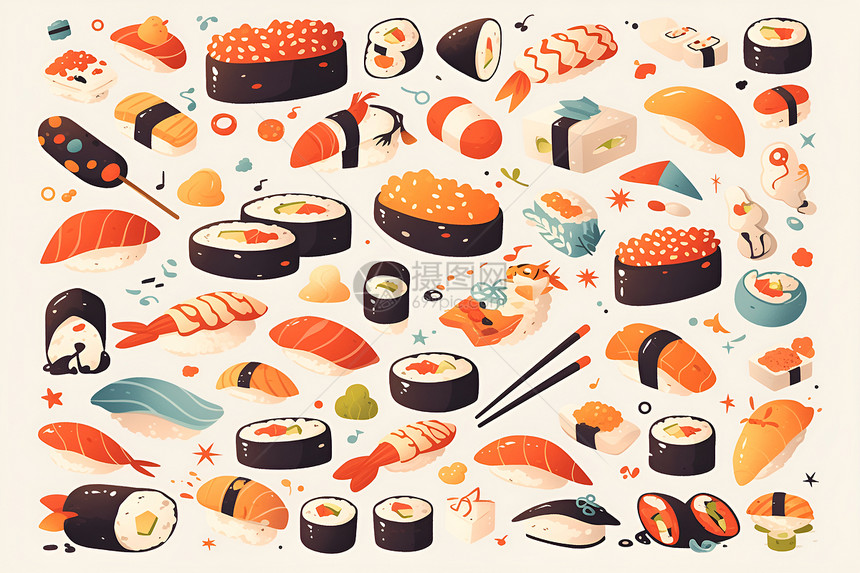 美味寿司人彩绘插画图片