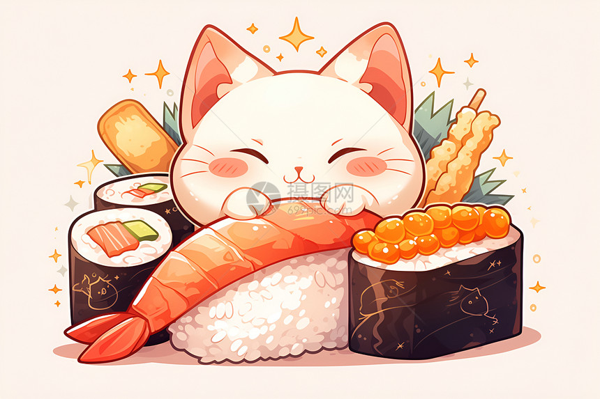 猫咪与美味寿司图片