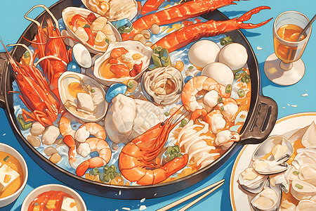 鱼虾火锅美味海鲜盛宴插画