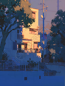 别墅夕阳夕阳下的建筑插画