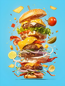 下午茶小吃食材丰富的汉堡设计图片