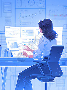 办公室蓝色繁忙办公室中的商务女士插画