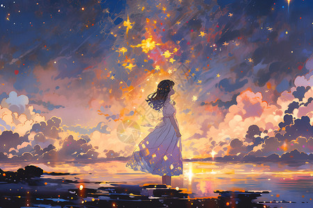 星空与水相映下的少女高清图片