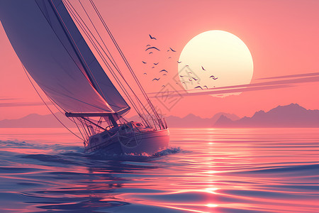 夕阳下的海景夕阳下海上的帆船插画