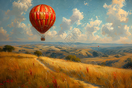 田野上漂浮的热气球背景图片