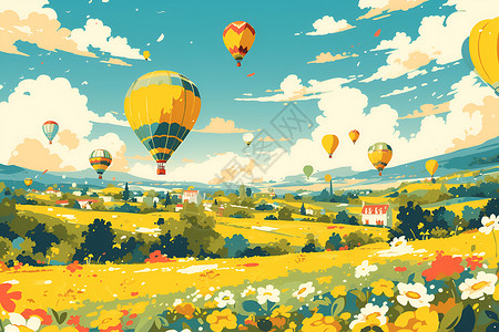 梦幻热气球热气球的田园冒险插画