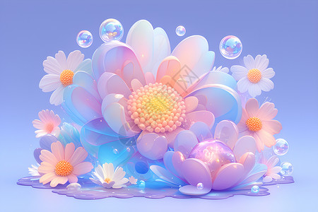梦幻蓝色花朵花瓣的柔和美丽插画