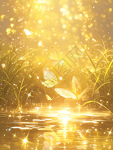 绚丽金色仙境之中的金色蝴蝶插画