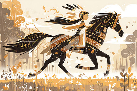 骑马女孩骑马奔驰的女子插画