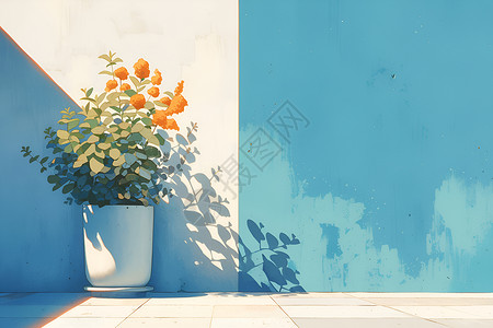 花朵墙墙壁上的盆栽光影插画