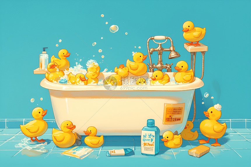 浴缸中的黄色橡皮鸭图片