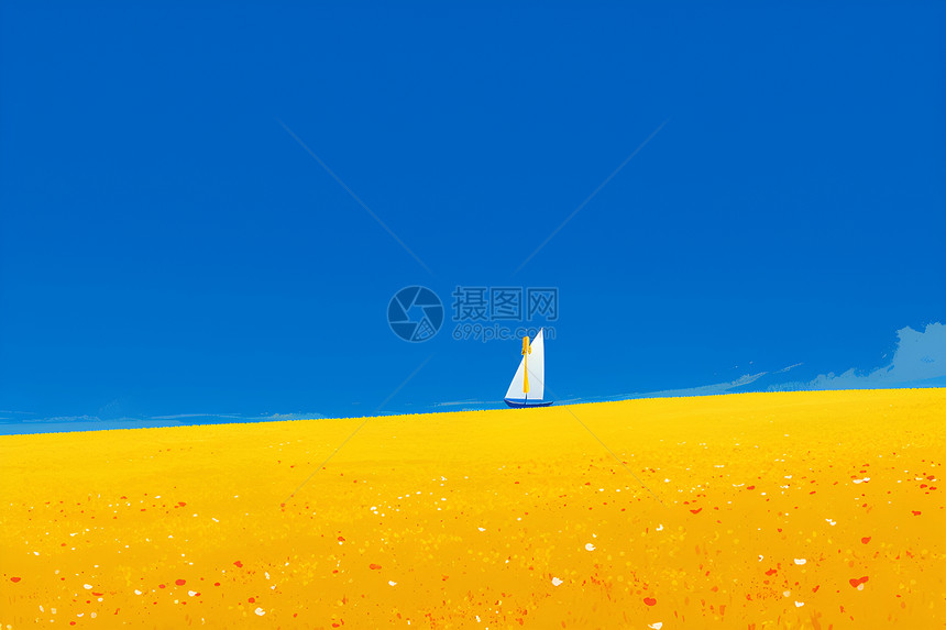 黄色花海中的帆船图片