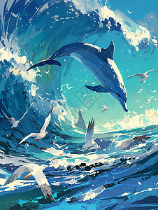 海面上跳跃的海豚插画