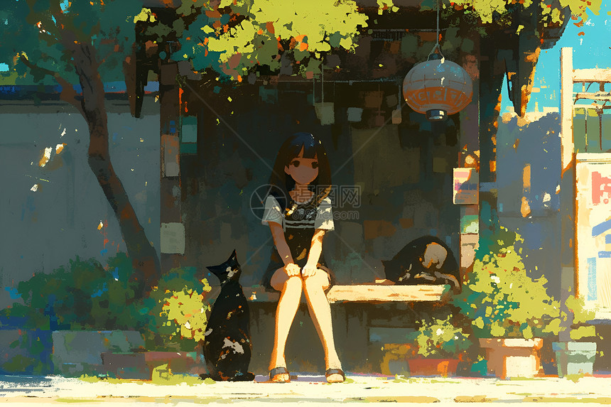 阳光下的女孩和猫咪图片