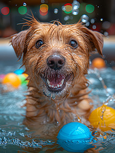 狗狗在水池里玩耍高清图片