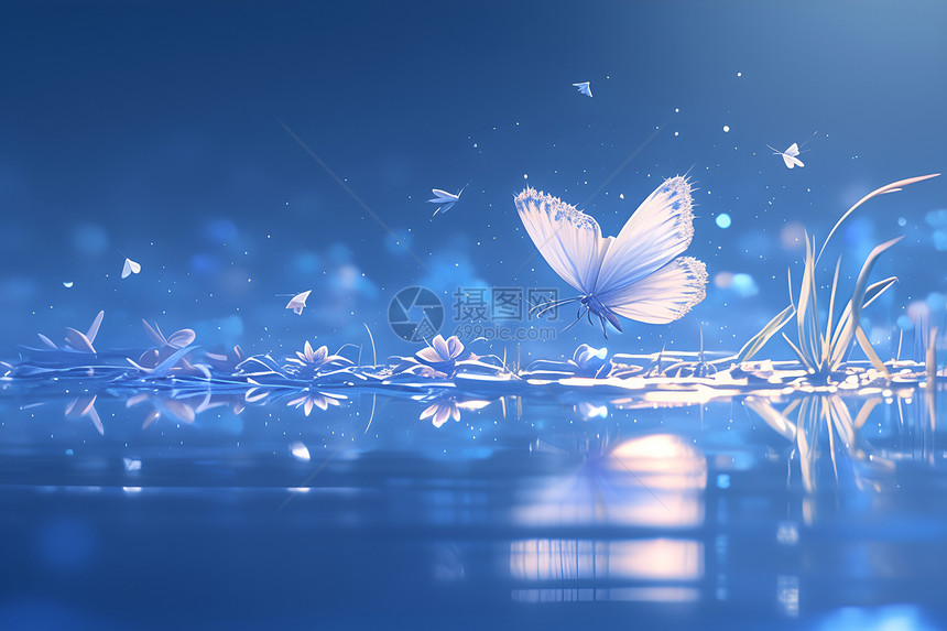 池塘上的银白蝴蝶图片