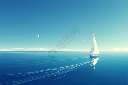 蓝天海景风景画孤舟驶向远方插画