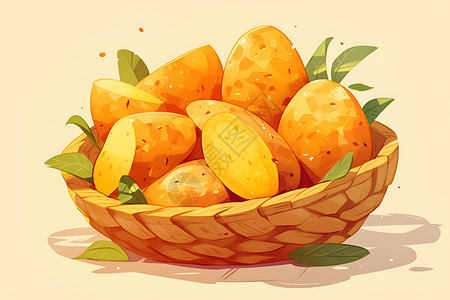 新鲜土豆竹篮里的土豆插画