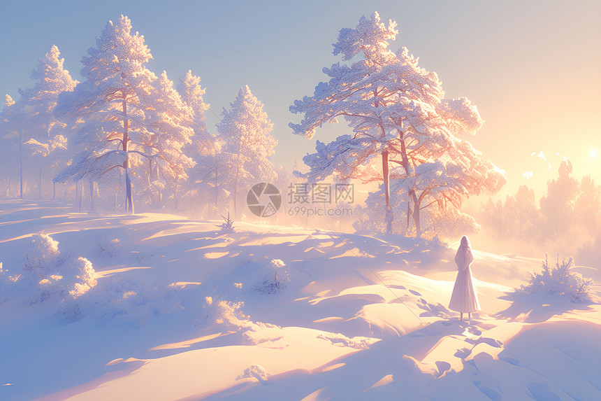冰雪晨曦树林图片