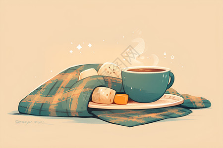 毯子上的美食温暖的毯子和热咖啡插画