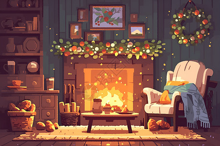 冬天的温暖温馨的房间插画