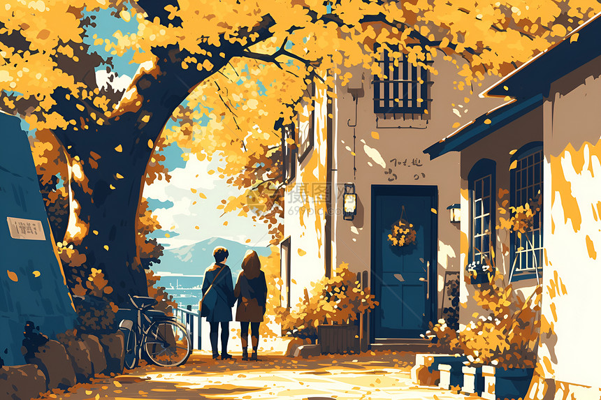 秋日散步的夫妻图片