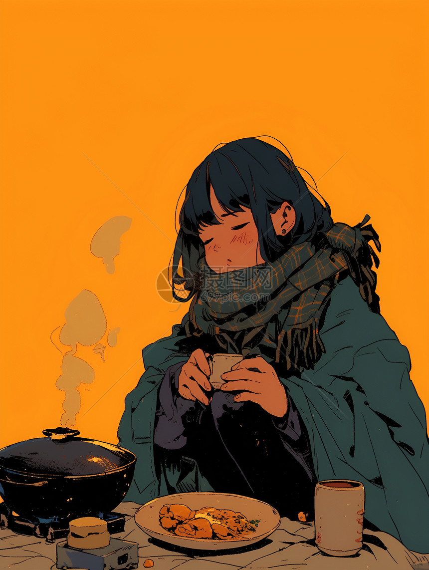 冬天享用食物的女孩图片