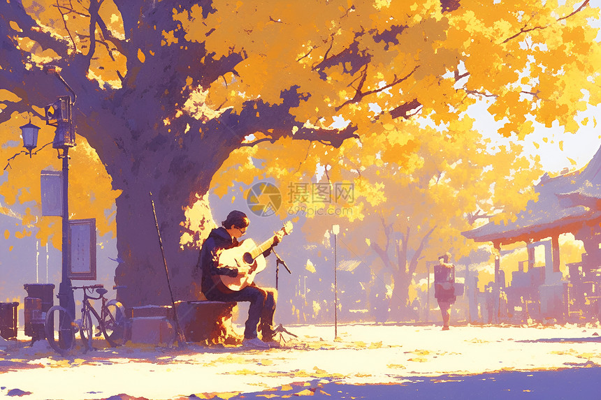 秋树下的音乐家图片