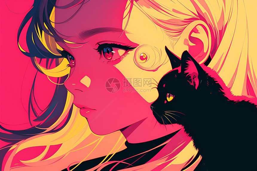 少女与黑猫图片