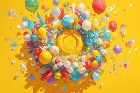 彩色飘动彩带黄色背景上的气球插画