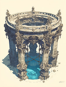 四柱相连的喷泉插画