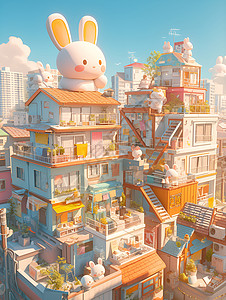 白色城市背景建筑上的白色兔子插画