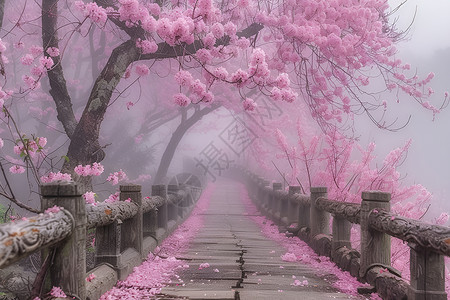 桥上樱花环绕背景图片