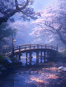 樱花沐雾桥上仙境高清图片