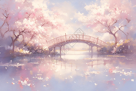 樱花桥下的迷人景色插画