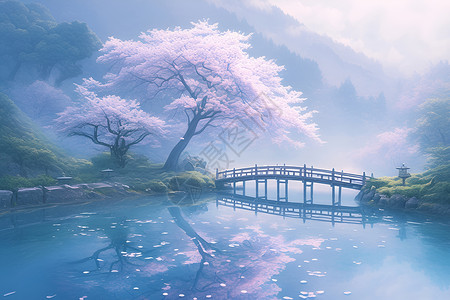 朦胧桥上樱花绽放背景图片