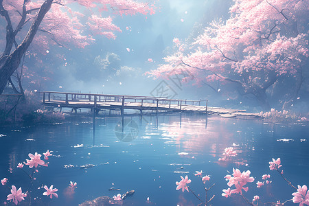 樱花迷雾中的桥景高清图片