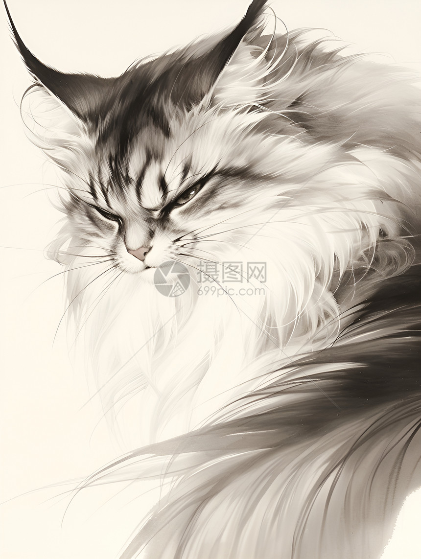 猫咪的黑白插画图片