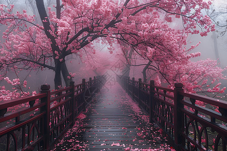 黄山石石桥上樱花树插画